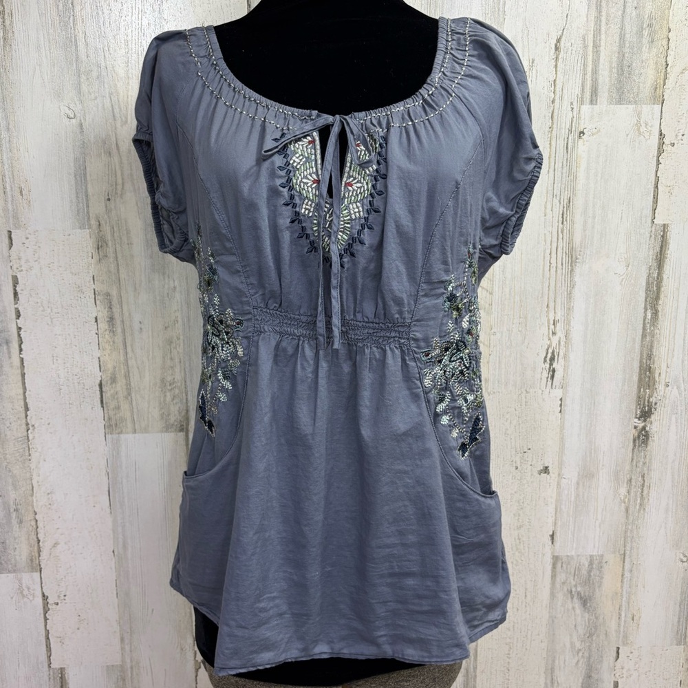 Love Stitch Slate Blue Boho Embroidered‎ Blouse